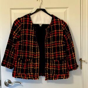 Ladies, short, wasted plaid jacket two front pockets, fringe type trim; soft